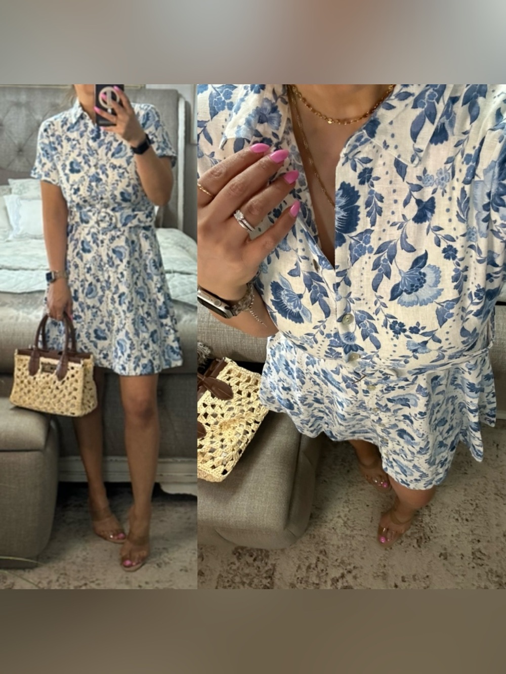 New💙 Blue & White Floral Linen Blend Shirt Dress with Belt